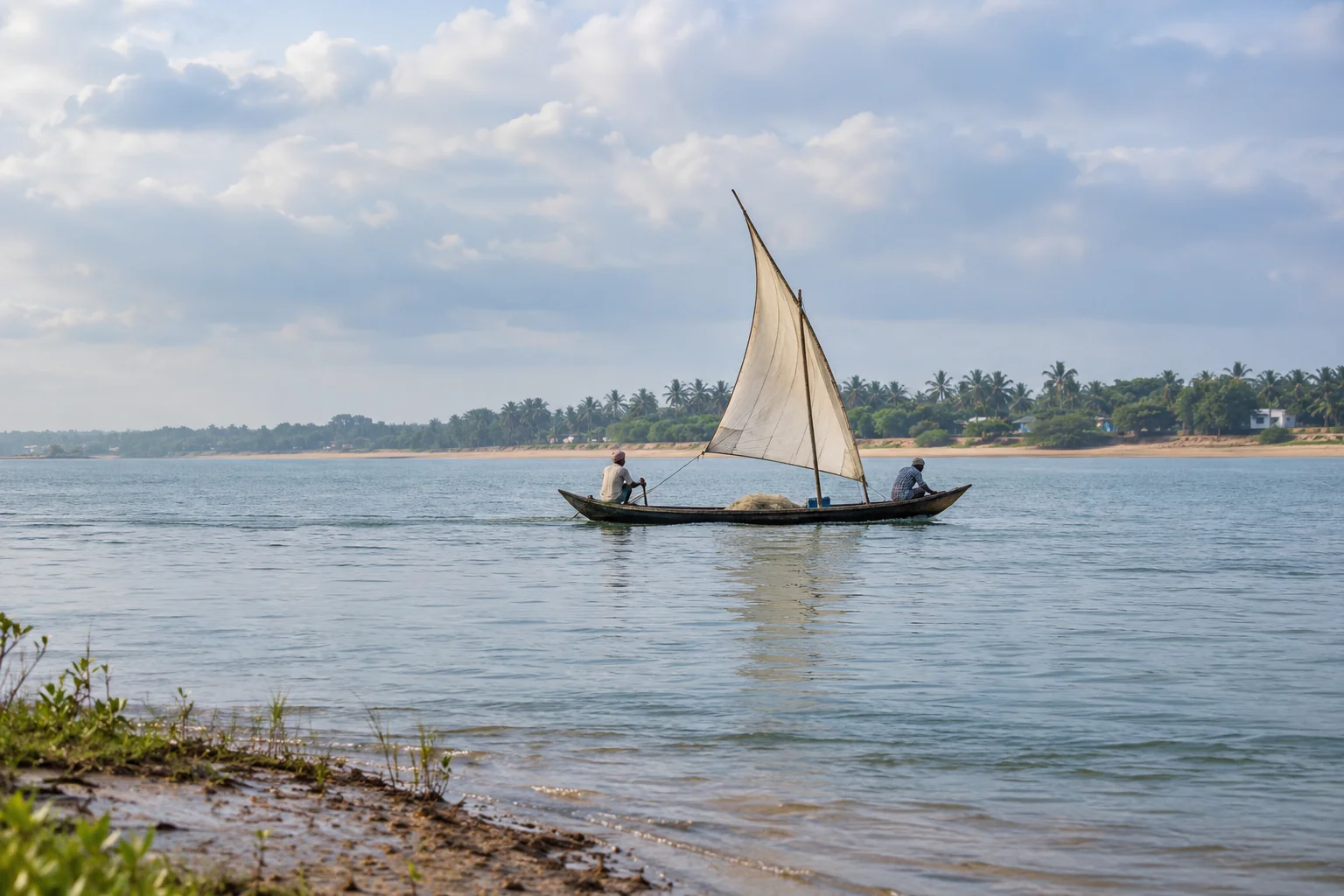 Illustration. Imagined coastal scene: two people cross calm water in a wooden sailing boat.