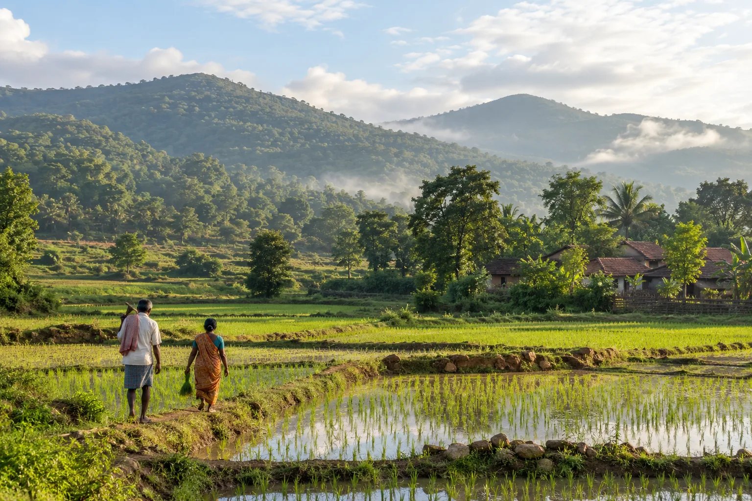 Illustration. Imagined southern Odisha landscape: cultivated fields sit below rounded green hills as people walk along a field path.