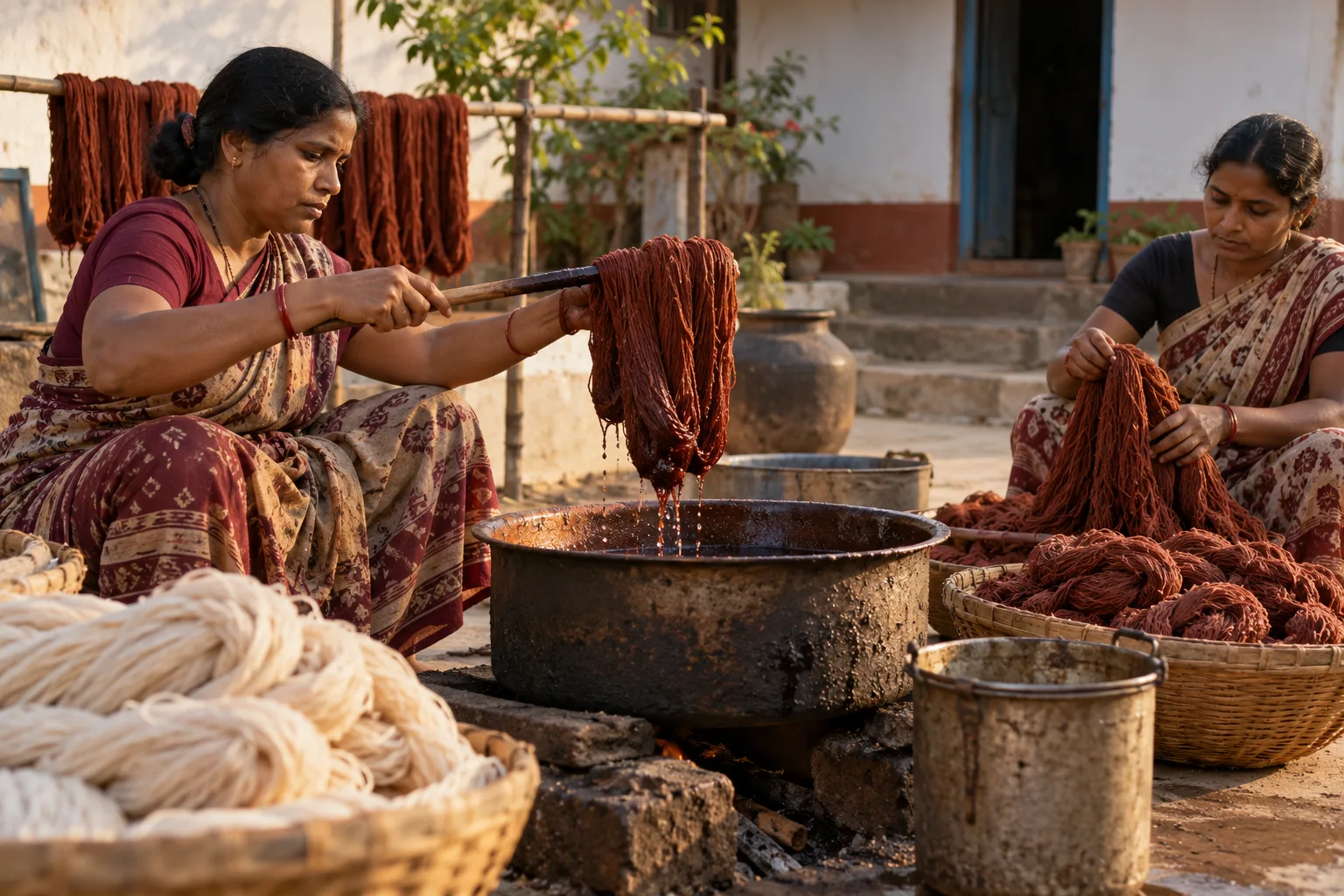 Illustration. Imagined Kotpad-inspired textile courtyard: two adults prepare reddish-brown yarn together beside dye vessels.