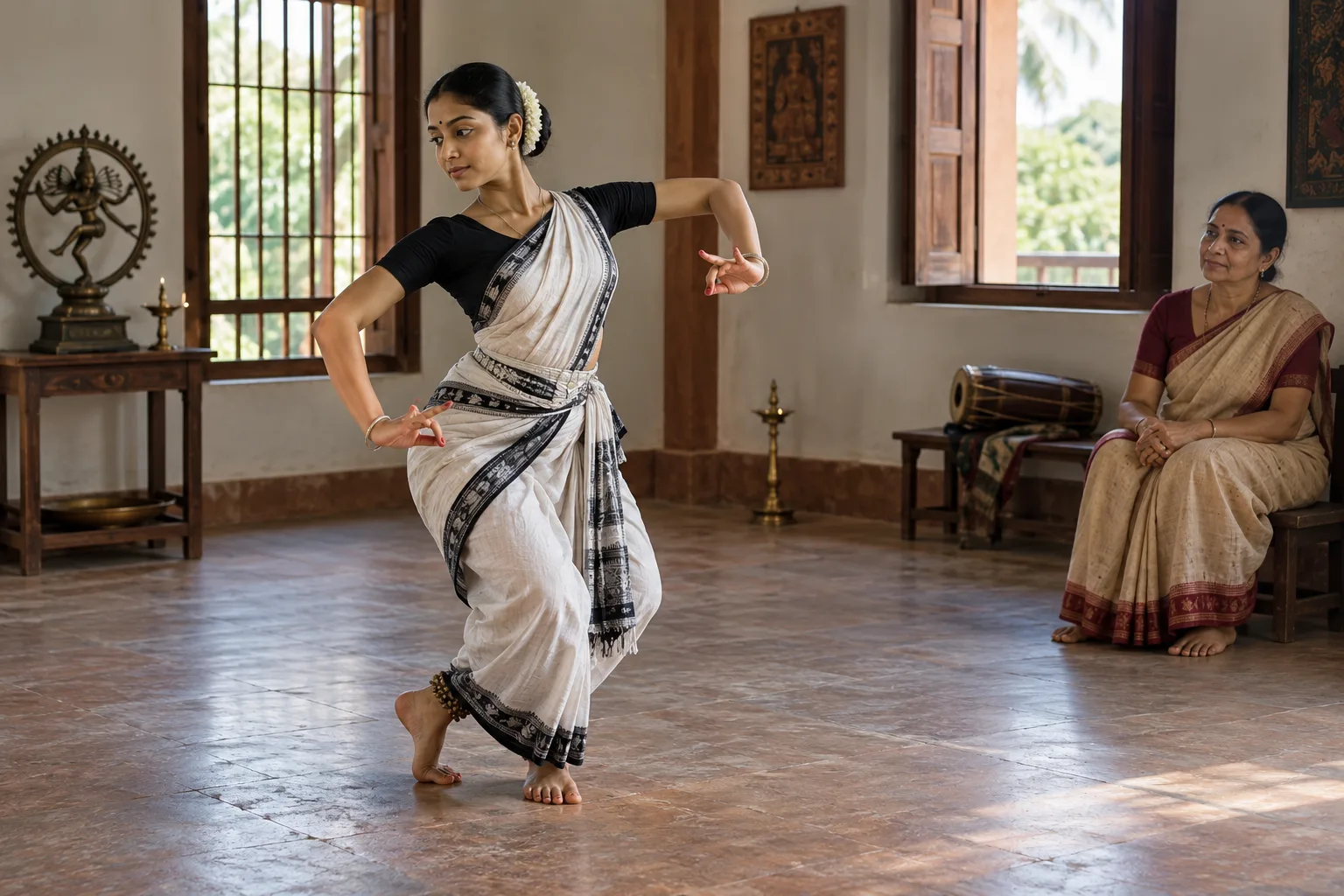 Illustration. Imagined Odissi rehearsal: a dancer practises while a teacher watches from the side of a simple studio.