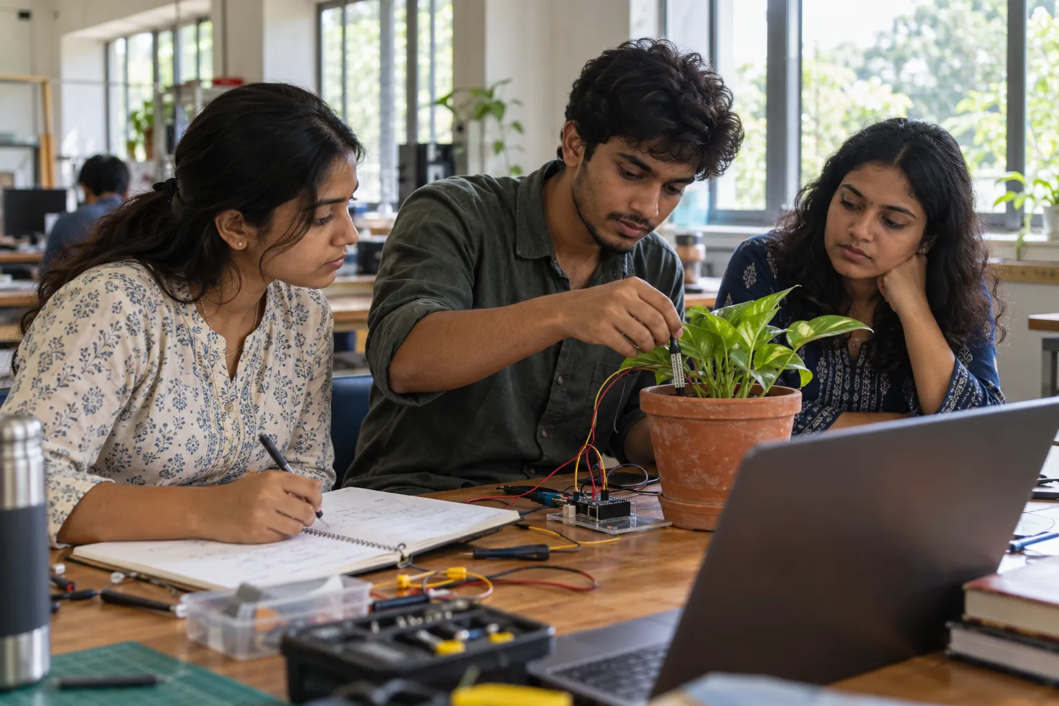 Illustration. Imagined modern Odisha workspace: young adults collaborate on a small practical electronics prototype.