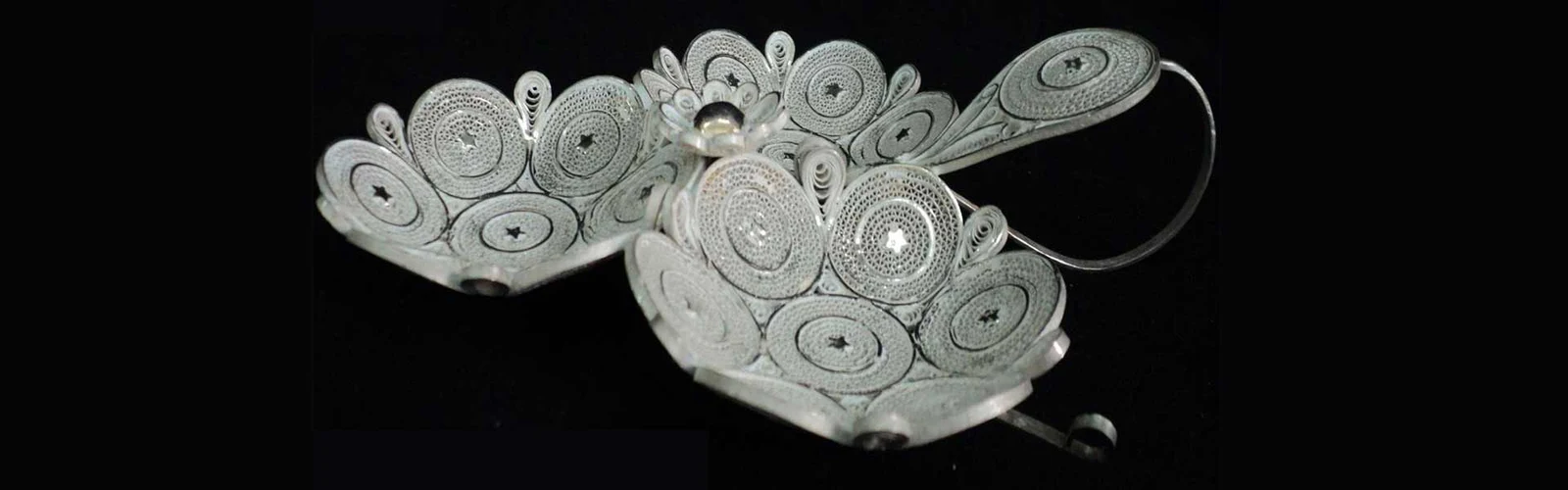 Decorative filigree objects with circular openwork patterns against a black background.