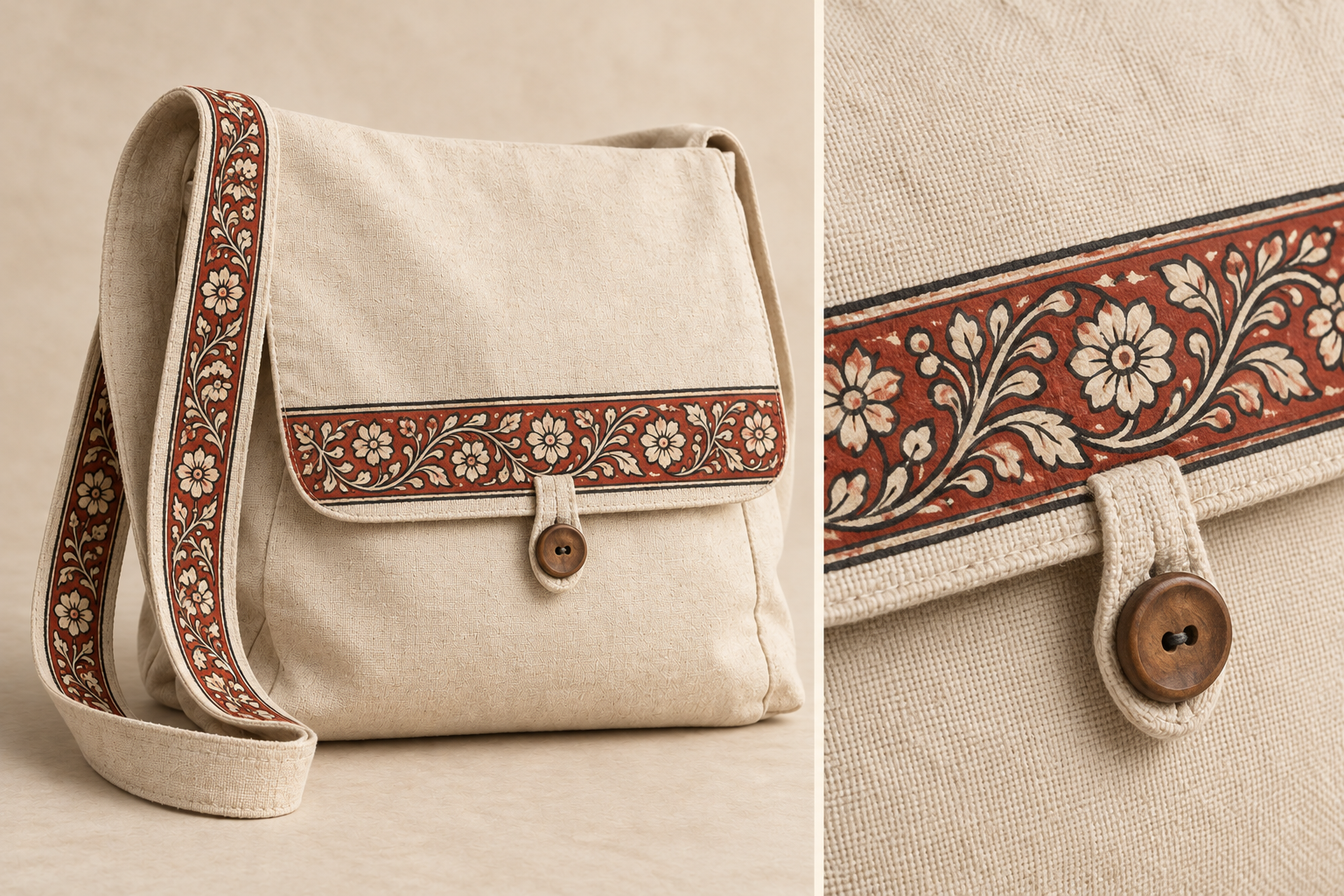 Ivory cloth, a softly rounded flap and a wooden button. Terracotta flowers and curling vines trace the flap edge and shoulder strap.