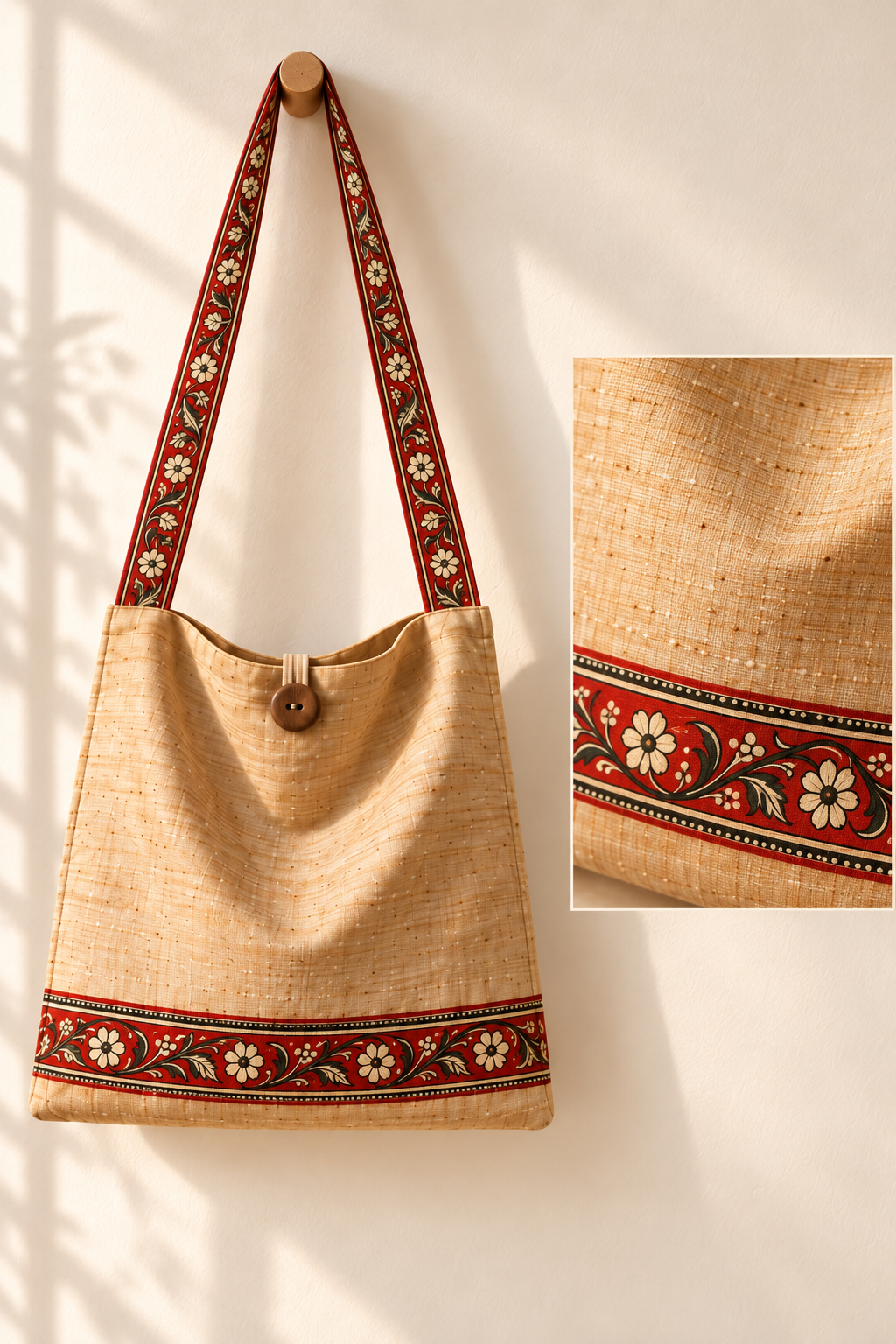 The familiar golden Poet’s Classic, with its open top and wooden-button closure. A flowering border runs near the hem and continues along the sling.