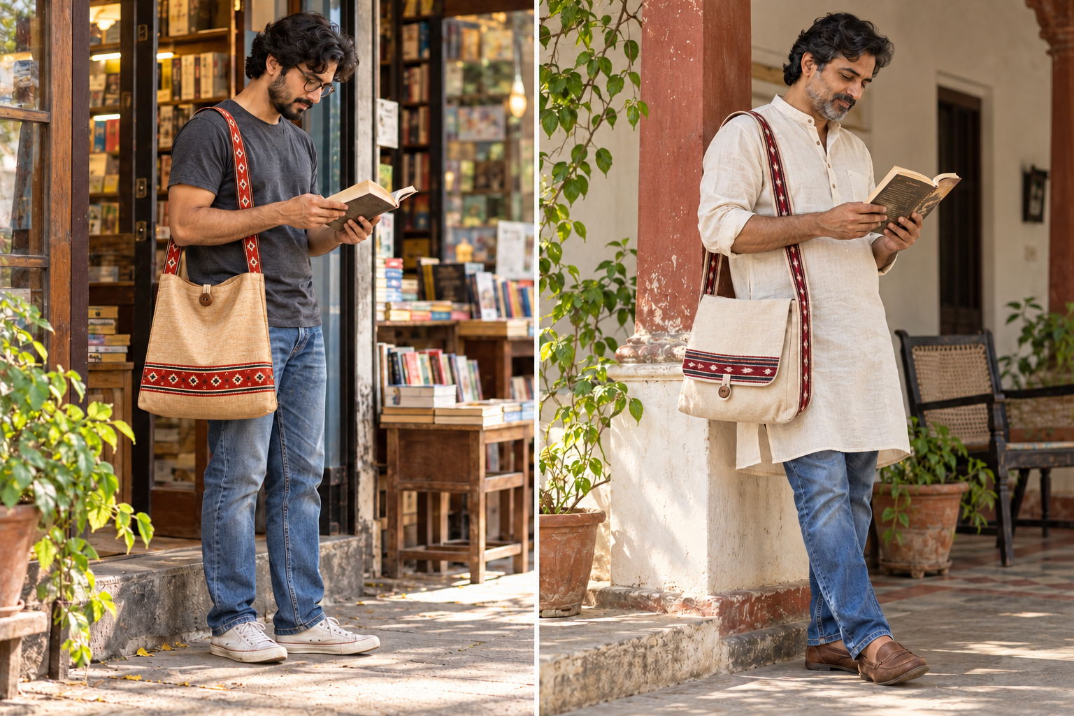 Two male styling concepts: golden Poet’s Classic with a charcoal T-shirt and jeans; ivory flap Jhula with an off-white panjabi and jeans