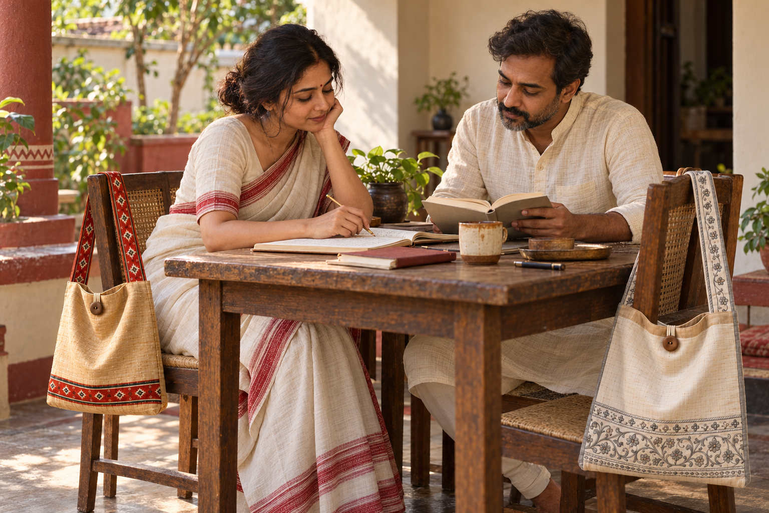 Imagined scene of a woman writing beside a man reading, with soft cloth Jhulas resting near their chairs
