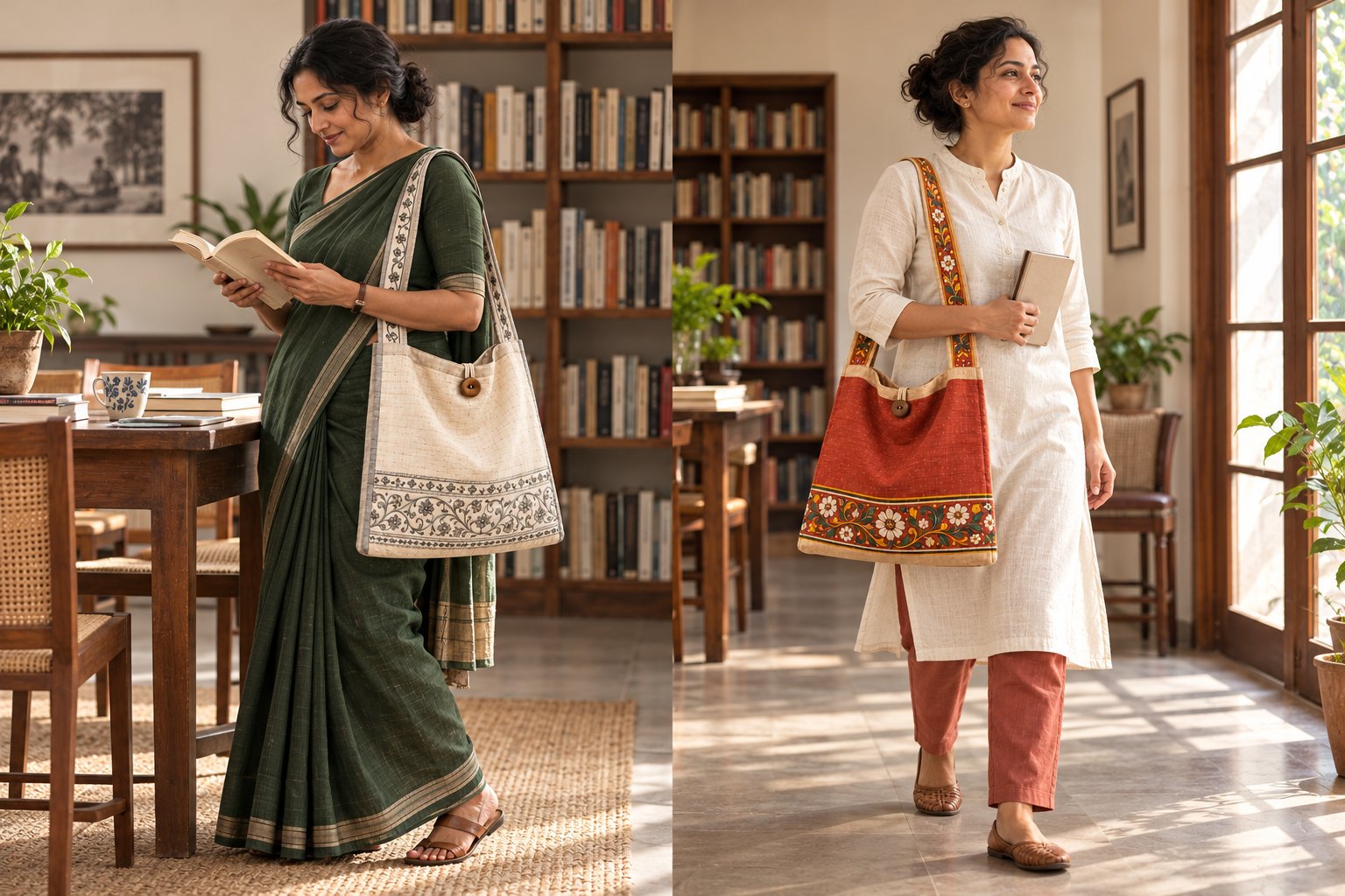 Styling study showing women carrying Jhulas with a green sari and an ivory kurta