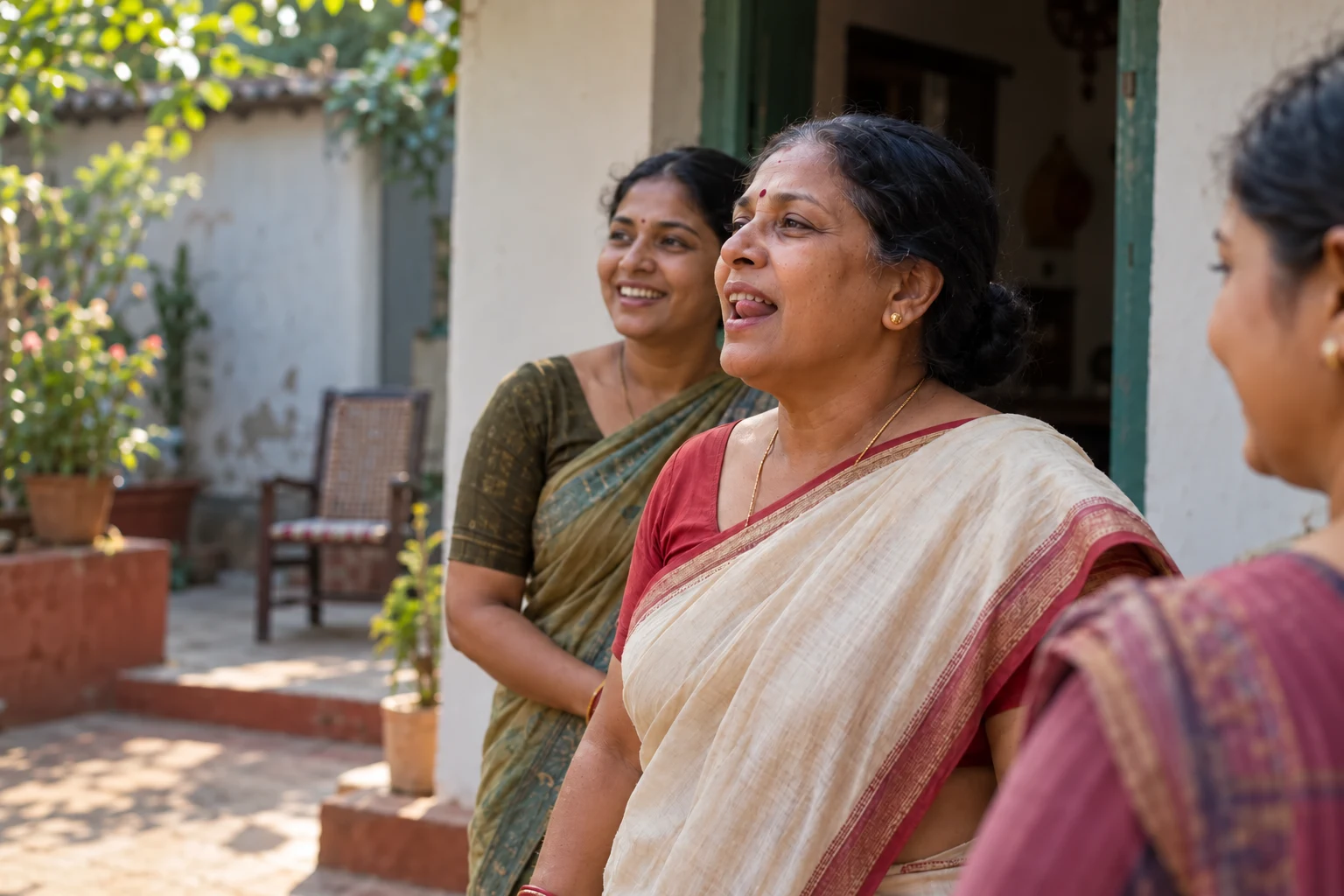 Three women in a courtyard; the central woman has a raised tongue visible within a restrained mouth opening.