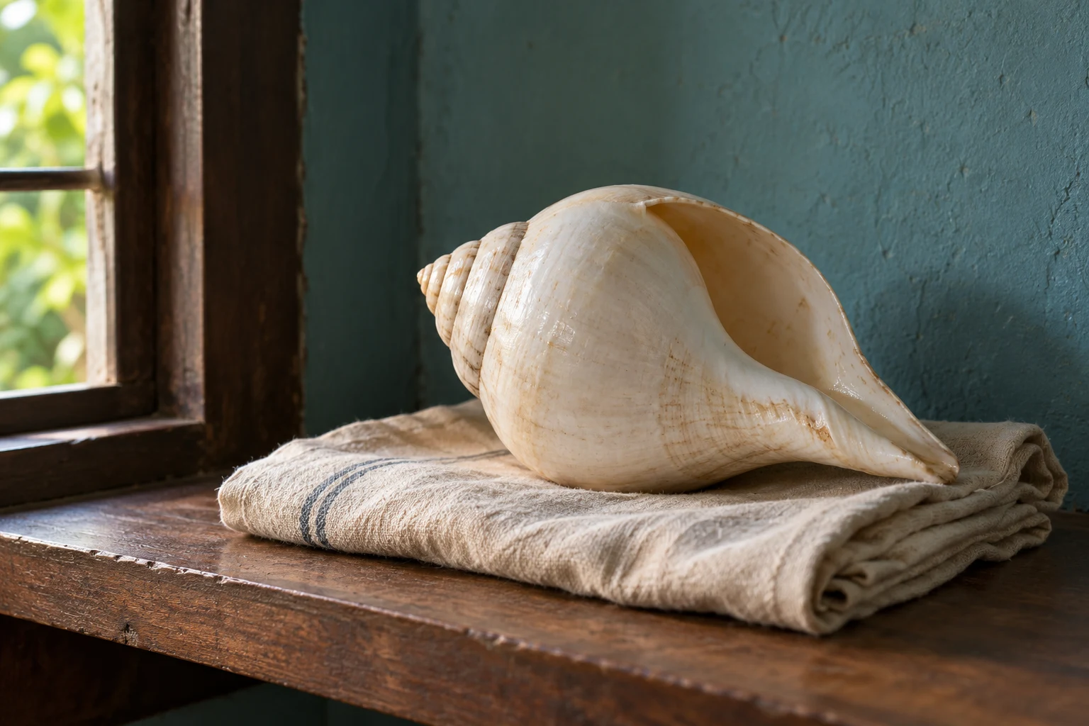 A cream conch shell rests on folded cotton cloth beside a wooden window.